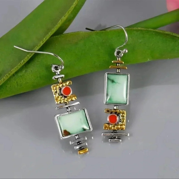 Bohemian Geometric Synthetic Gemstone Dangle Earrings - Picture 5 of 9